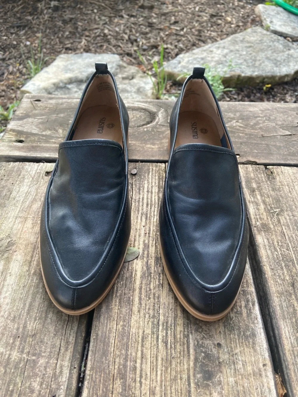 Susina Black Leather Slip-On Loafers with Tan Sole